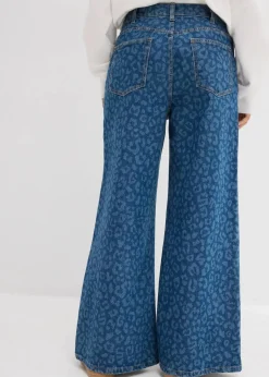 bonprix Kurzgrößen|Bekleidung·Shirts & Tops^Wide-Leg-Jeans Mid Waist blau denim leo bedruckt
