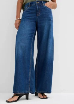 bonprix Jeans|Kurzgrößen^Wide-Leg-Jeans Mid Waist blau denim used