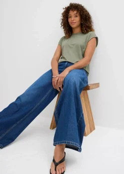 bonprix Jeans|Kurzgrößen^Wide-Leg-Jeans Mid Waist blau denim used