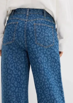 bonprix Kurzgrößen|Jeans^Wide-Leg-Jeans Mid Waist blau denim leo bedruckt