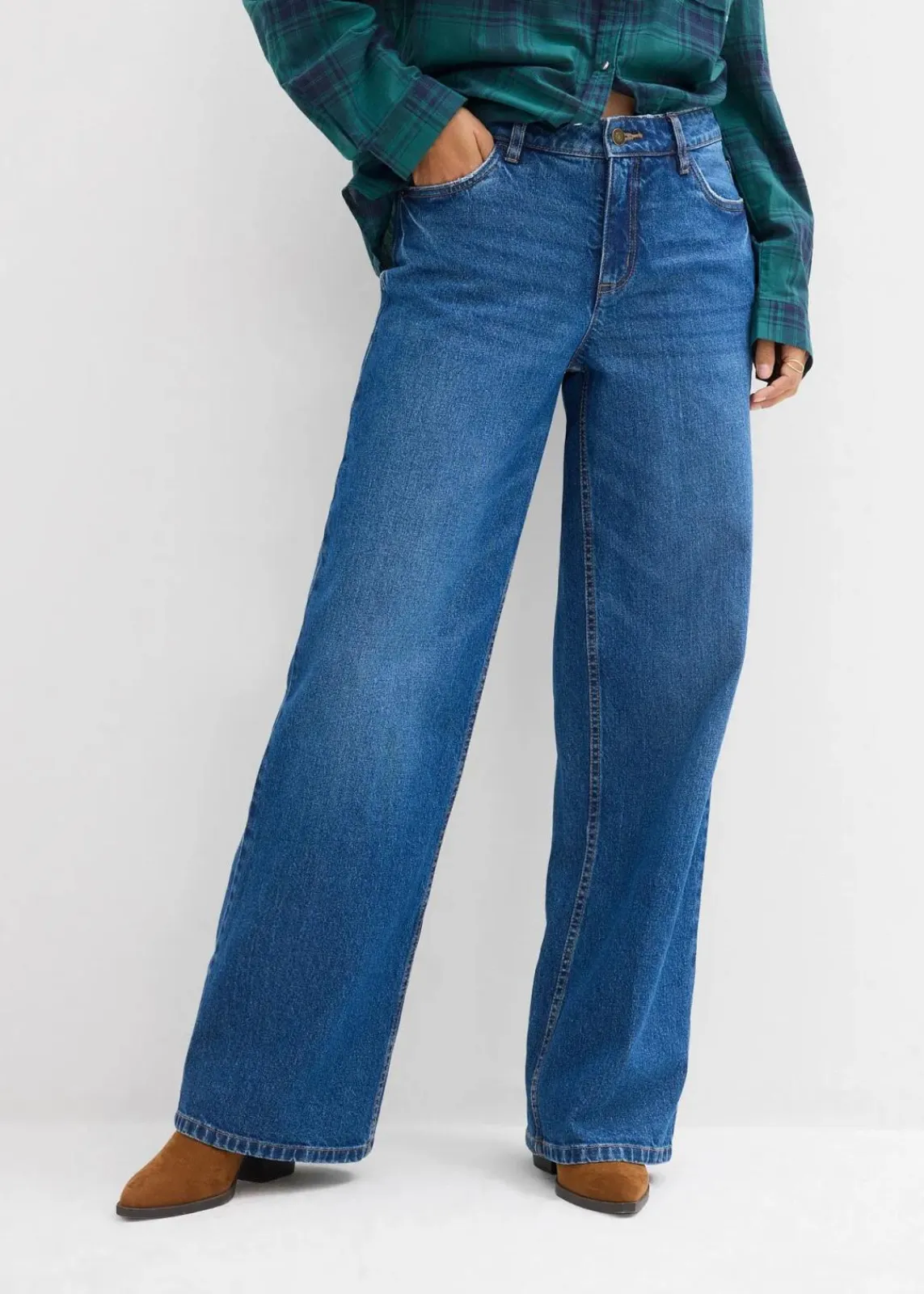 bonprix Kurzgrößen|Bekleidung·Shirts & Tops^Wide-Leg-Jeans Mid Waist blau denim used