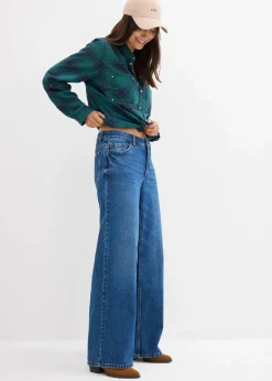 bonprix Kurzgrößen|Bekleidung·Shirts & Tops^Wide-Leg-Jeans Mid Waist blau denim used