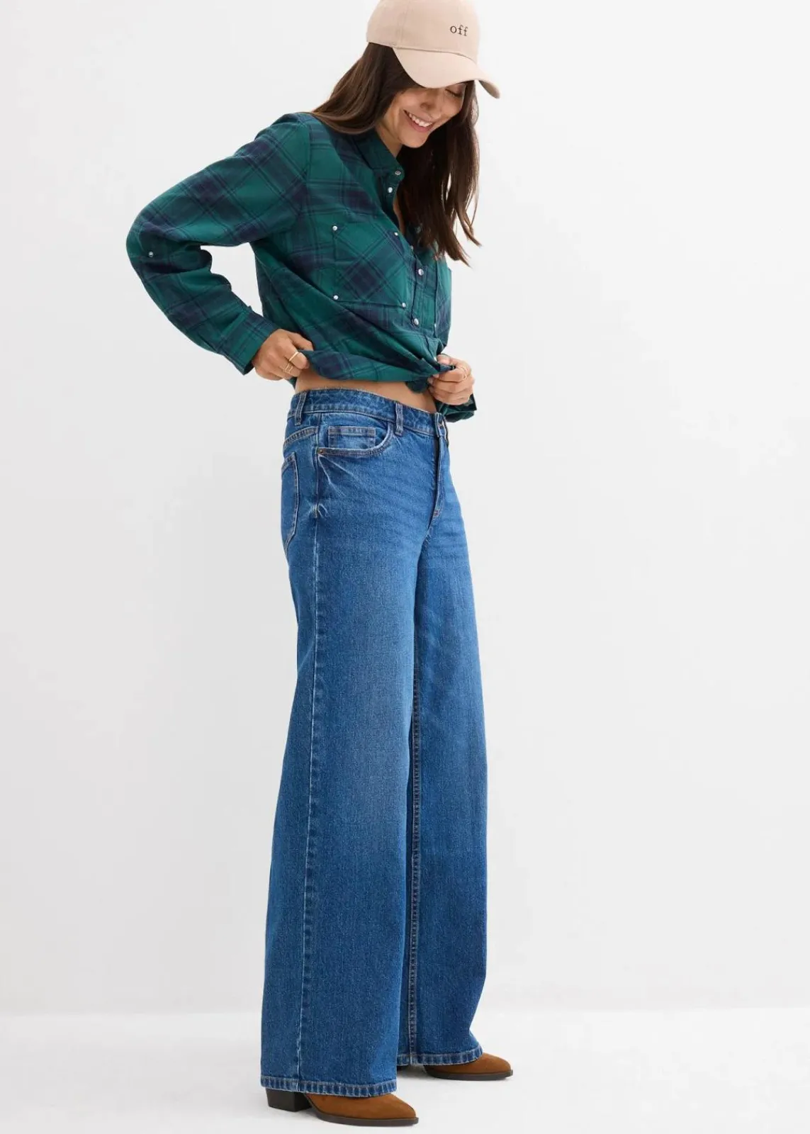 bonprix Kurzgrößen|Bekleidung·Shirts & Tops^Wide-Leg-Jeans Mid Waist blau denim used