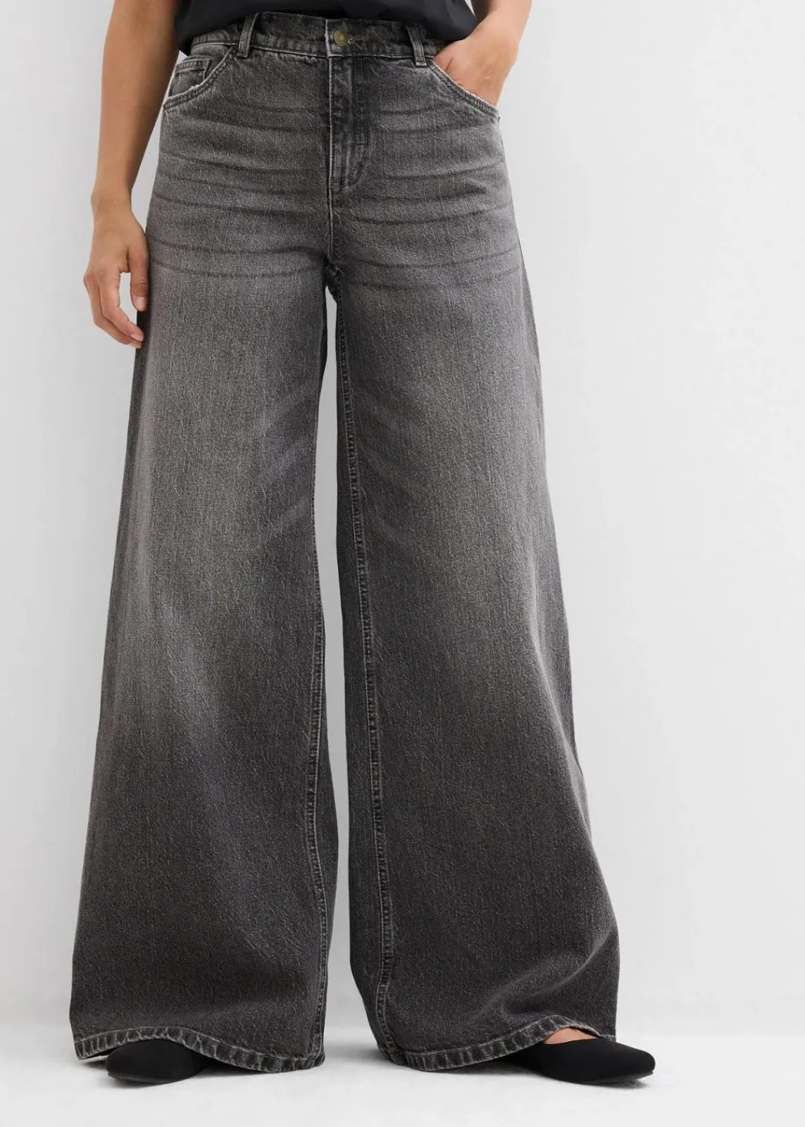 bonprix Jeans|Kurzgrößen^Wide-Leg-Jeans Mid Waist grau denim used
