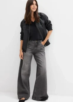 bonprix Jeans|Kurzgrößen^Wide-Leg-Jeans Mid Waist grau denim used