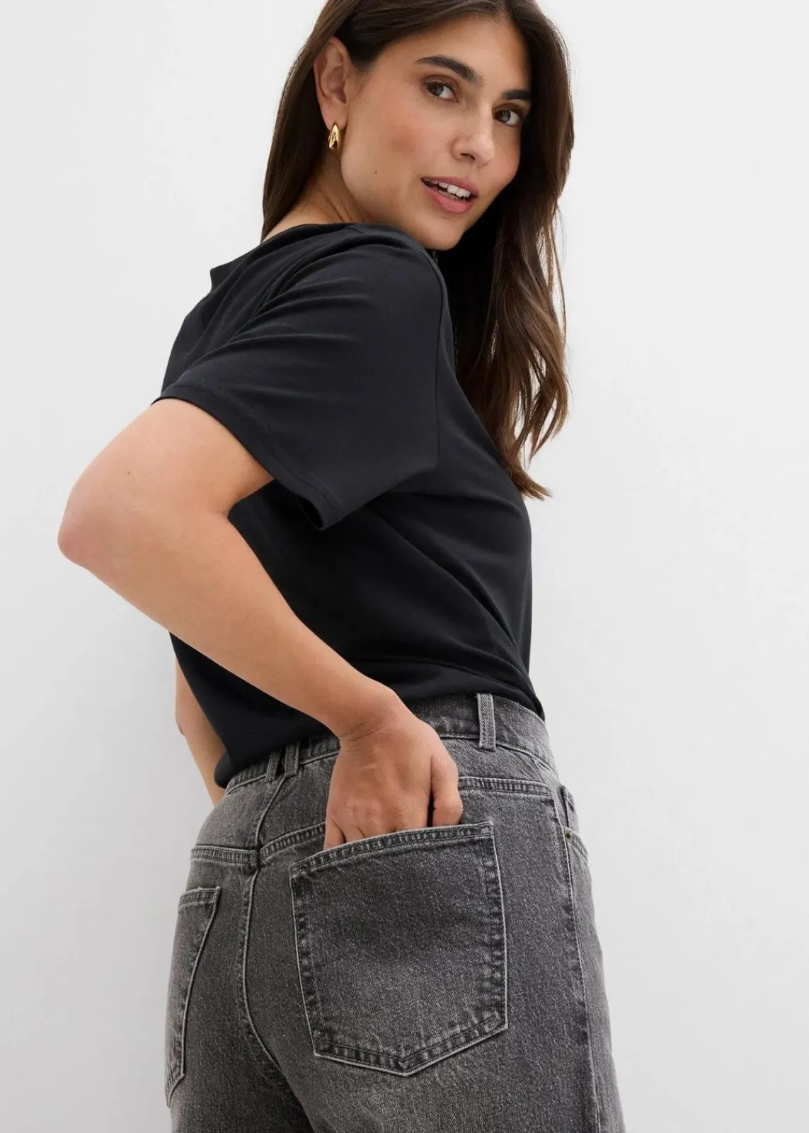 bonprix Jeans|Kurzgrößen^Wide-Leg-Jeans Mid Waist grau denim used