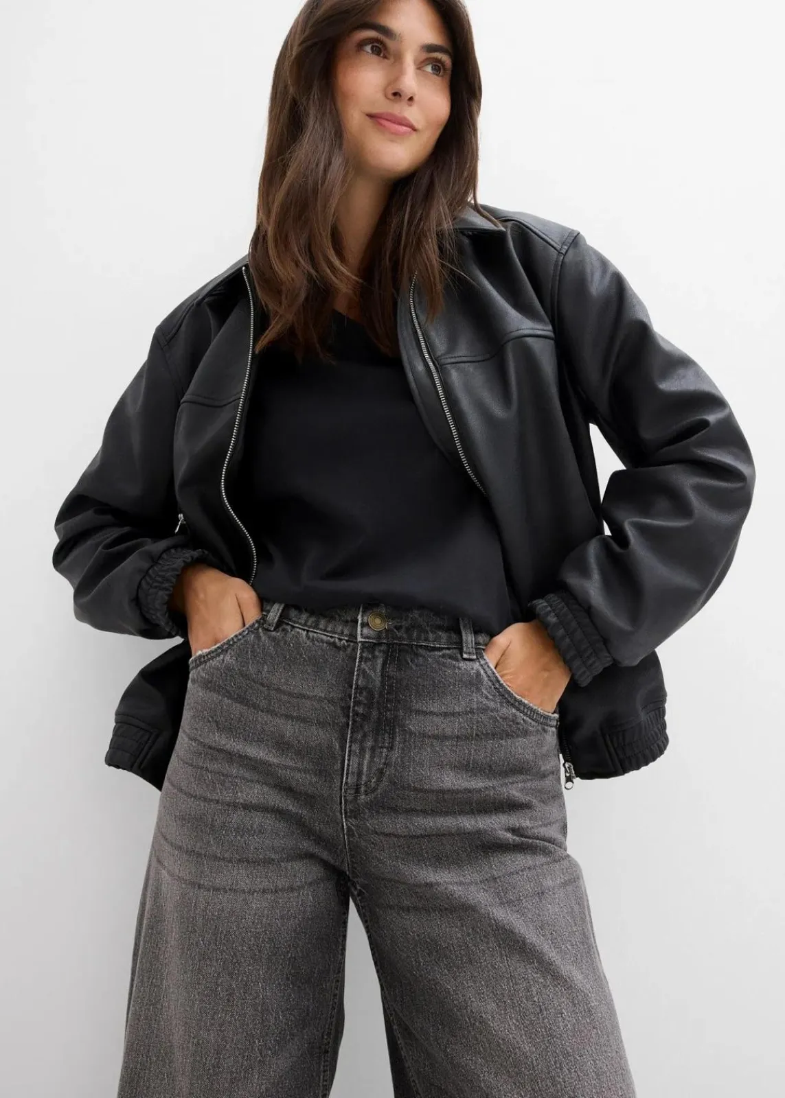 bonprix Jeans|Kurzgrößen^Wide-Leg-Jeans Mid Waist grau denim used