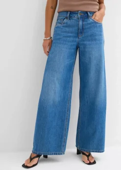 bonprix Kurzgrößen|Bekleidung·Shirts & Tops^Wide-Leg-Jeans Mid Waist hellblau denim used