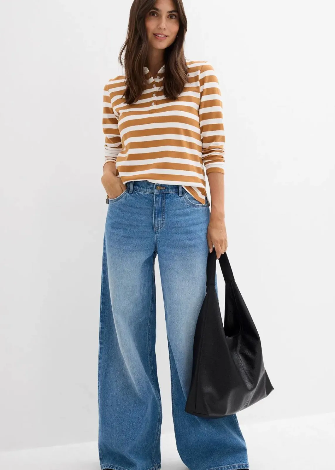 bonprix Jeans|Kurzgrößen^Wide-Leg-Jeans Mid Waist mittelblau denim used
