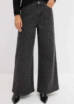 bonprix Kurzgrößen|Bekleidung·Shirts & Tops^Wide-Leg-Jeans Mid Waist dunkelgrau denim leo bedruckt