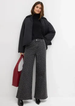 bonprix Kurzgrößen|Bekleidung·Shirts & Tops^Wide-Leg-Jeans Mid Waist dunkelgrau denim leo bedruckt