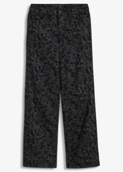 bonprix Bekleidung·Shirts & Tops|Jeans^Wide-Leg-Jeans, Mid Waist mit Glanzmuster schwarz denim