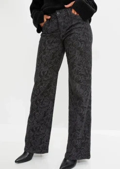 bonprix Bekleidung·Shirts & Tops|Jeans^Wide-Leg-Jeans, Mid Waist mit Glanzmuster schwarz denim