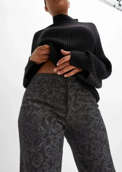 bonprix Bekleidung·Shirts & Tops|Jeans^Wide-Leg-Jeans, Mid Waist mit Glanzmuster schwarz denim
