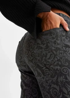 bonprix Bekleidung·Shirts & Tops|Jeans^Wide-Leg-Jeans, Mid Waist mit Glanzmuster schwarz denim