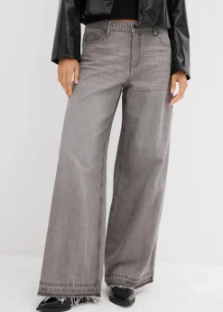 bonprix Jeans|Kurzgrößen^Wide-Leg-Jeans Mid Waist, Bequembund hellgrau denim used