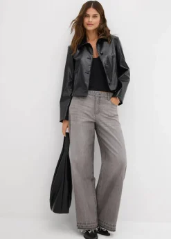 bonprix Jeans|Kurzgrößen^Wide-Leg-Jeans Mid Waist, Bequembund hellgrau denim used