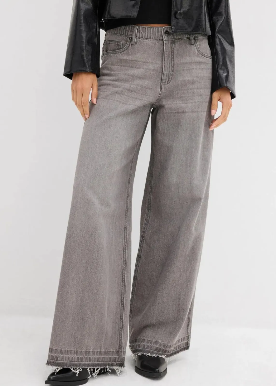 bonprix Kurzgrößen|Bekleidung·Shirts & Tops^Wide-Leg-Jeans Mid Waist, Bequembund hellgrau denim used