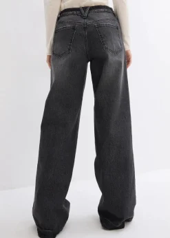 bonprix Jeans|Kurzgrößen^Wide-Leg-Jeans, Mid Waist, Low Stretch Full Length schwarz denim used