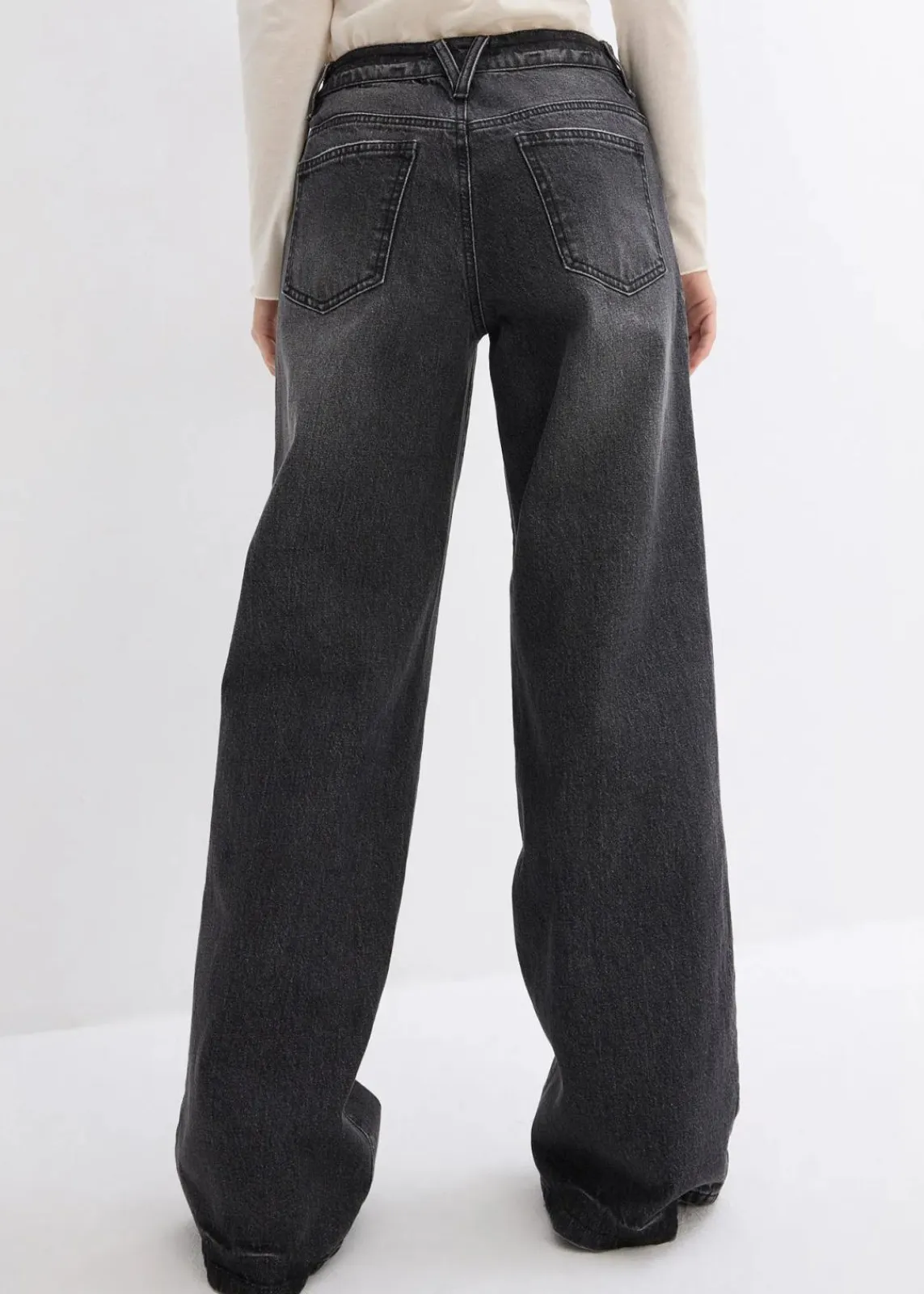 bonprix Jeans|Kurzgrößen^Wide-Leg-Jeans, Mid Waist, Low Stretch Full Length schwarz denim used