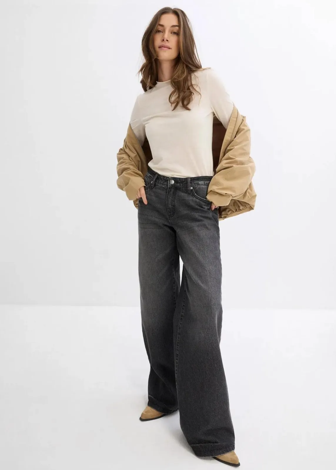 bonprix Jeans|Kurzgrößen^Wide-Leg-Jeans, Mid Waist, Low Stretch Full Length schwarz denim used