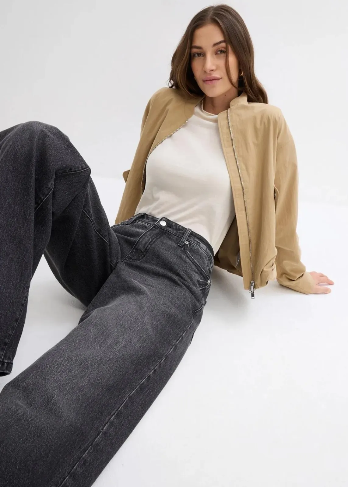 bonprix Jeans|Kurzgrößen^Wide-Leg-Jeans, Mid Waist, Low Stretch Full Length schwarz denim used