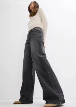 bonprix Jeans|Kurzgrößen^Wide-Leg-Jeans, Mid Waist, Low Stretch Full Length schwarz denim used