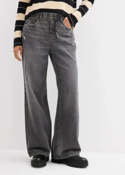 bonprix Jeans|Kurzgrößen^Wide-Leg-Jeans Mid Waist, Low Stretch dunkelgrau denim used