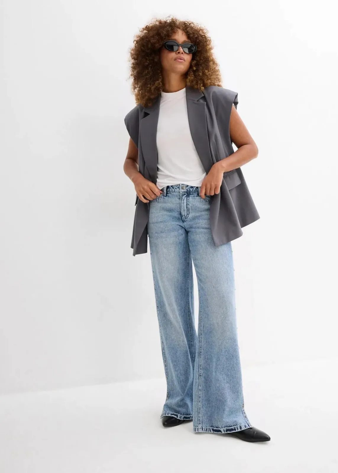 bonprix Jeans|Bekleidung·Shirts & Tops^Wide-Leg-Jeans Mid Waist, Low Stretch eisblau denim used