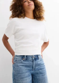 bonprix Bekleidung·Shirts & Tops|Jeans^Wide-Leg-Jeans Mid Waist, Low Stretch blau denim used