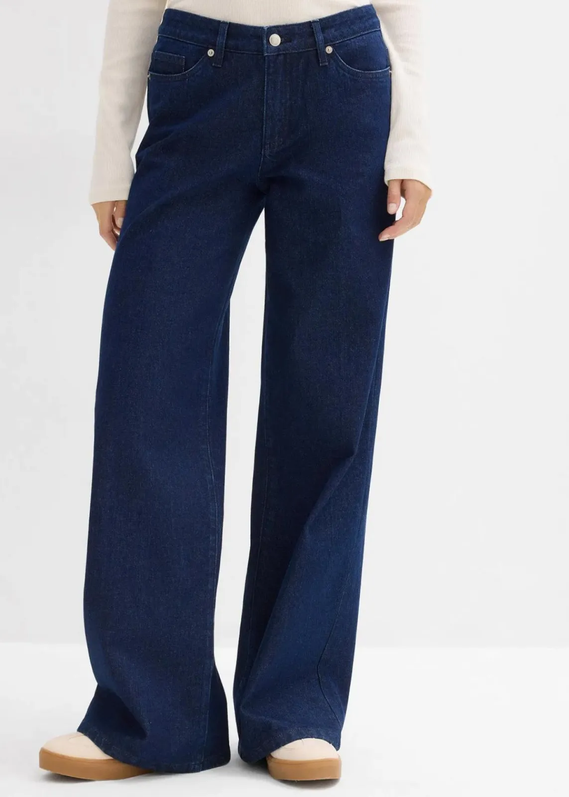 bonprix Jeans|Kurzgrößen^Wide-Leg-Jeans, Mid Waist, Low Stretch Full Length tiefblau denim ungewaschen