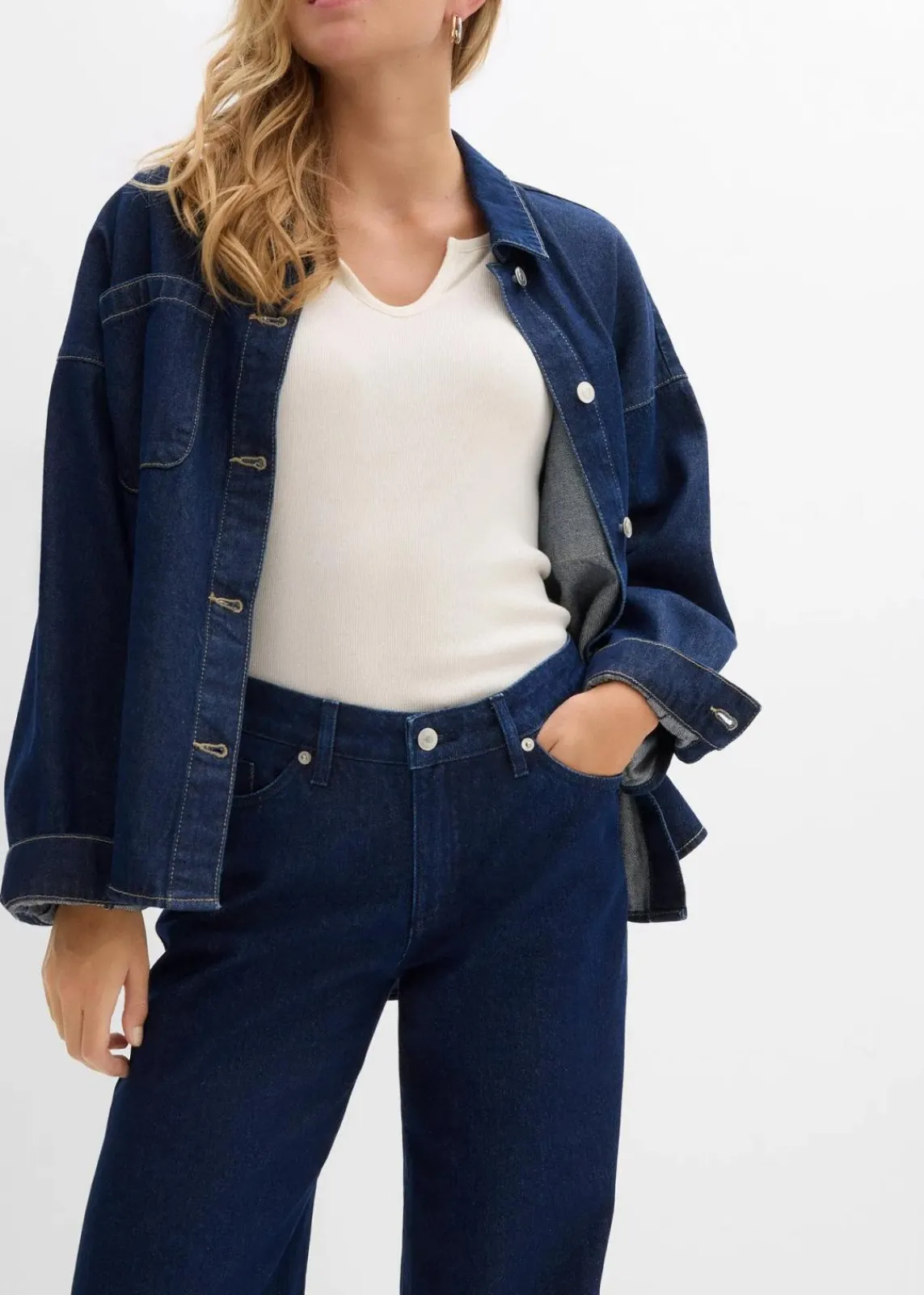 bonprix Jeans|Kurzgrößen^Wide-Leg-Jeans, Mid Waist, Low Stretch Full Length tiefblau denim ungewaschen
