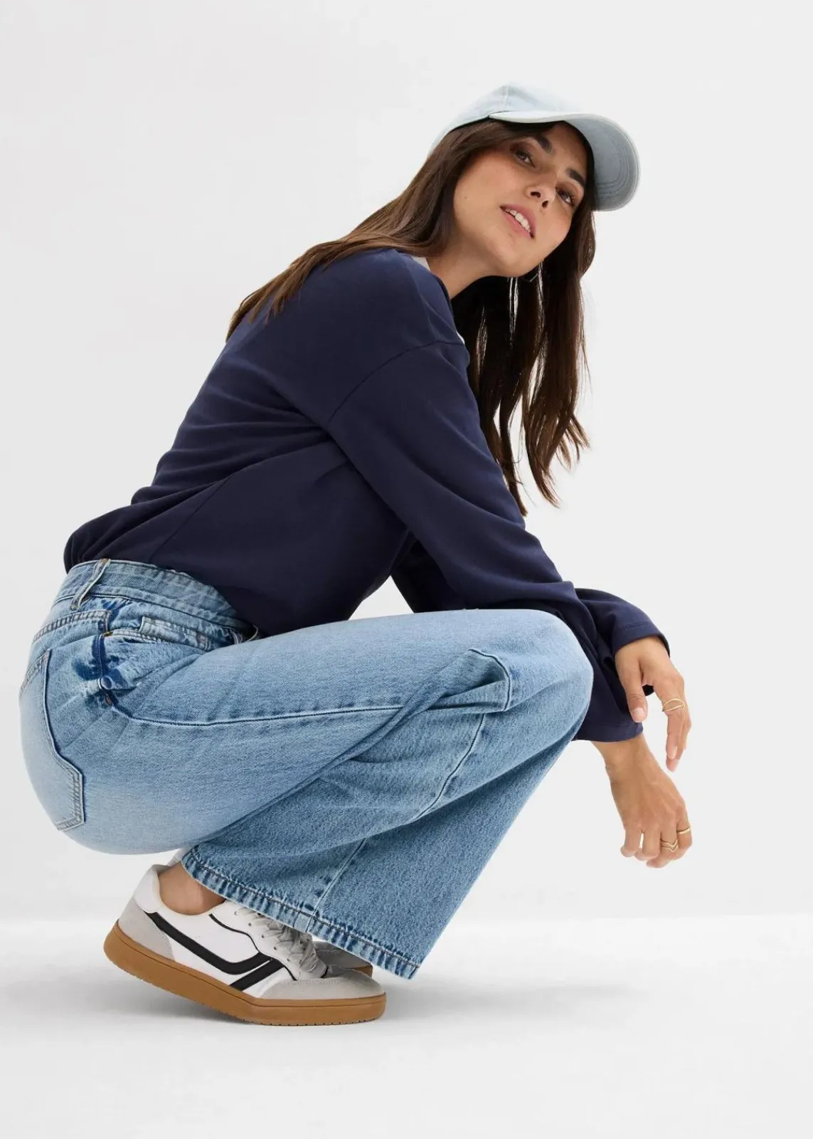 bonprix Jeans|Kurzgrößen^Wide-Leg-Jeans Mid Waist, Low Stretch hellblau denim used