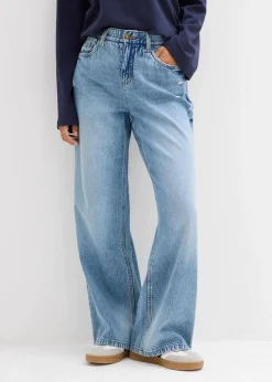bonprix Kurzgrößen|Bekleidung·Shirts & Tops^Wide-Leg-Jeans Mid Waist, Low Stretch hellblau denim used
