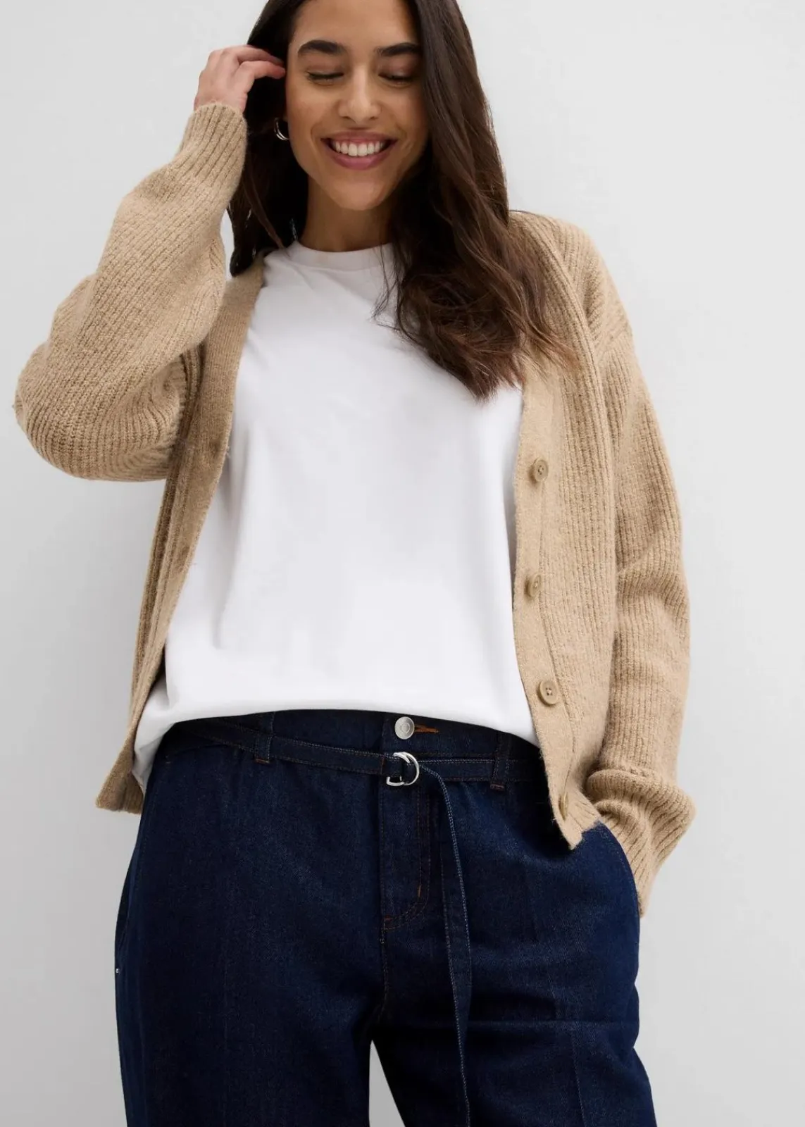 bonprix Bekleidung·Shirts & Tops|Jeans^Wide-Leg-Jeans Mid Waist mit Gürtel tiefblau denim ungewaschen