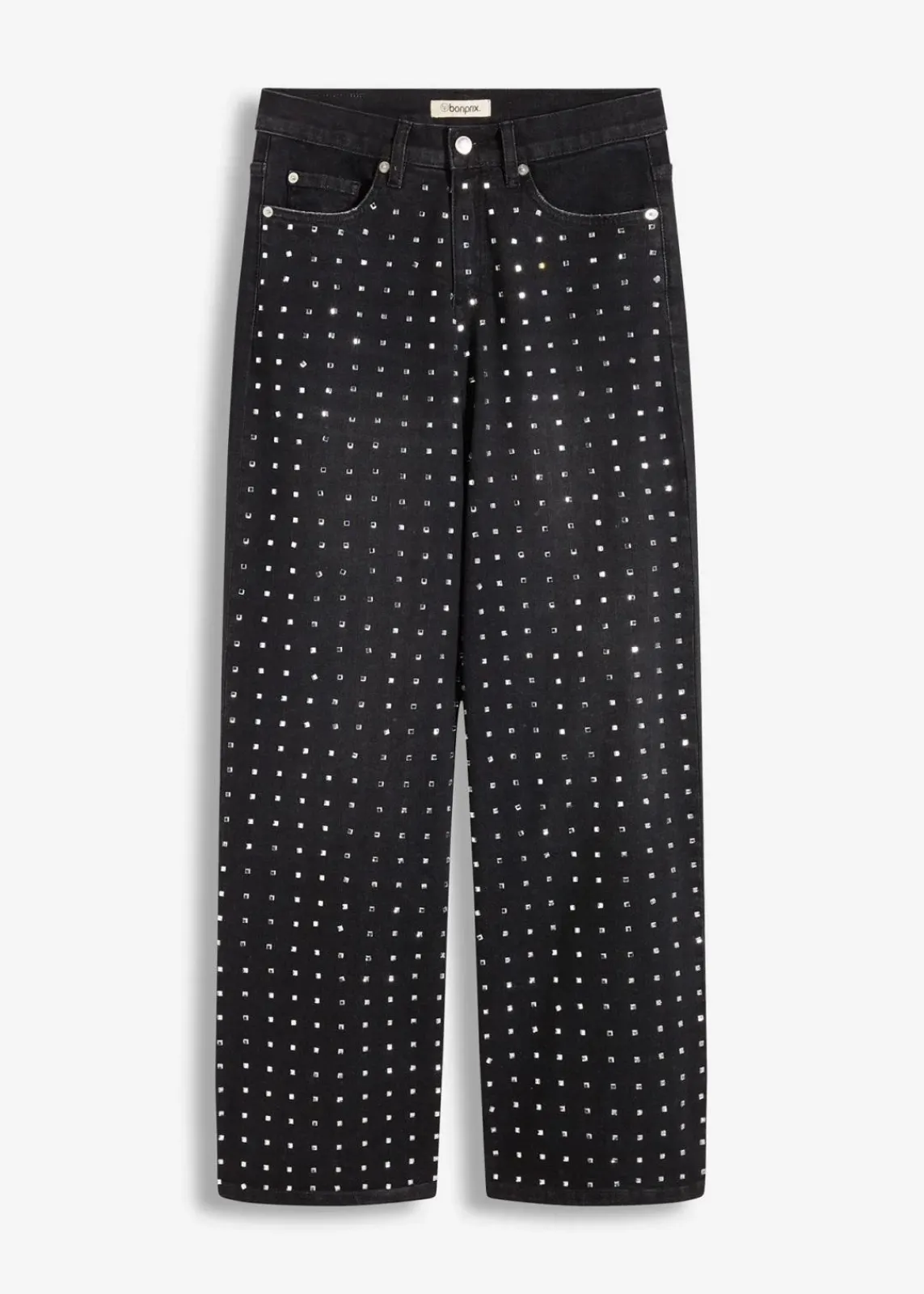 bonprix Bekleidung·Shirts & Tops|Jeans^Wide-Leg-Jeans Mid Waist mit Strassapplikation schwarz denim