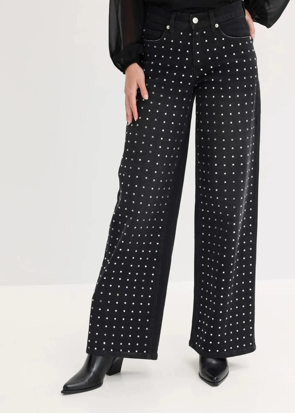 bonprix Bekleidung·Shirts & Tops|Jeans^Wide-Leg-Jeans Mid Waist mit Strassapplikation schwarz denim
