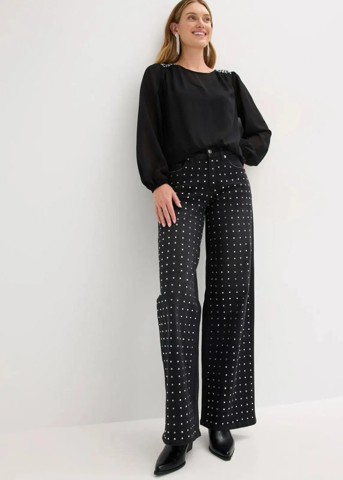 bonprix Bekleidung·Shirts & Tops|Jeans^Wide-Leg-Jeans Mid Waist mit Strassapplikation schwarz denim