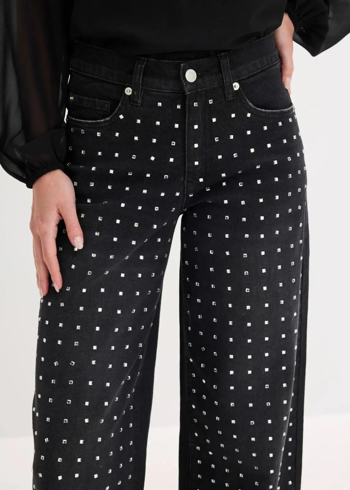 bonprix Bekleidung·Shirts & Tops|Jeans^Wide-Leg-Jeans Mid Waist mit Strassapplikation schwarz denim