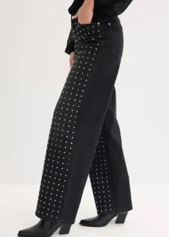 bonprix Bekleidung·Shirts & Tops|Jeans^Wide-Leg-Jeans Mid Waist mit Strassapplikation schwarz denim