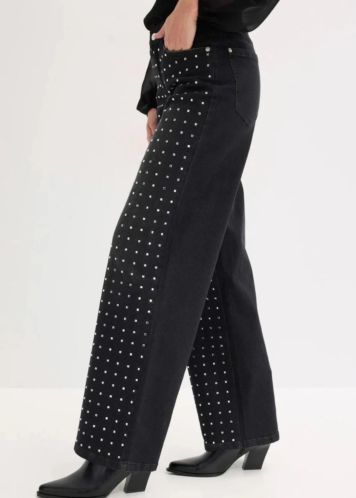 bonprix Bekleidung·Shirts & Tops|Jeans^Wide-Leg-Jeans Mid Waist mit Strassapplikation schwarz denim