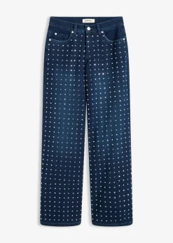 bonprix Jeans|Bekleidung·Shirts & Tops^Wide-Leg-Jeans Mid Waist mit Strassapplikation blau denim
