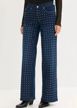 bonprix Jeans|Bekleidung·Shirts & Tops^Wide-Leg-Jeans Mid Waist mit Strassapplikation blau denim