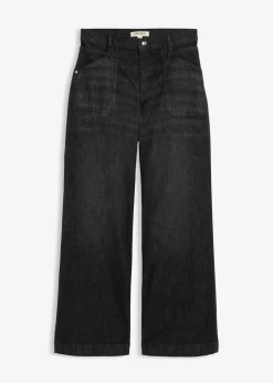 bonprix Jeans|Bekleidung·Shirts & Tops^Wide-Leg-Jeans Mid Waist mit aufgesetzten Taschen schwarz denim used