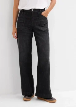 bonprix Jeans|Bekleidung·Shirts & Tops^Wide-Leg-Jeans Mid Waist mit aufgesetzten Taschen schwarz denim used