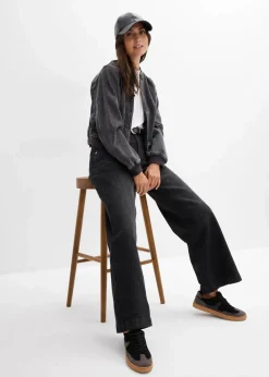 bonprix Jeans|Bekleidung·Shirts & Tops^Wide-Leg-Jeans Mid Waist mit aufgesetzten Taschen schwarz denim used