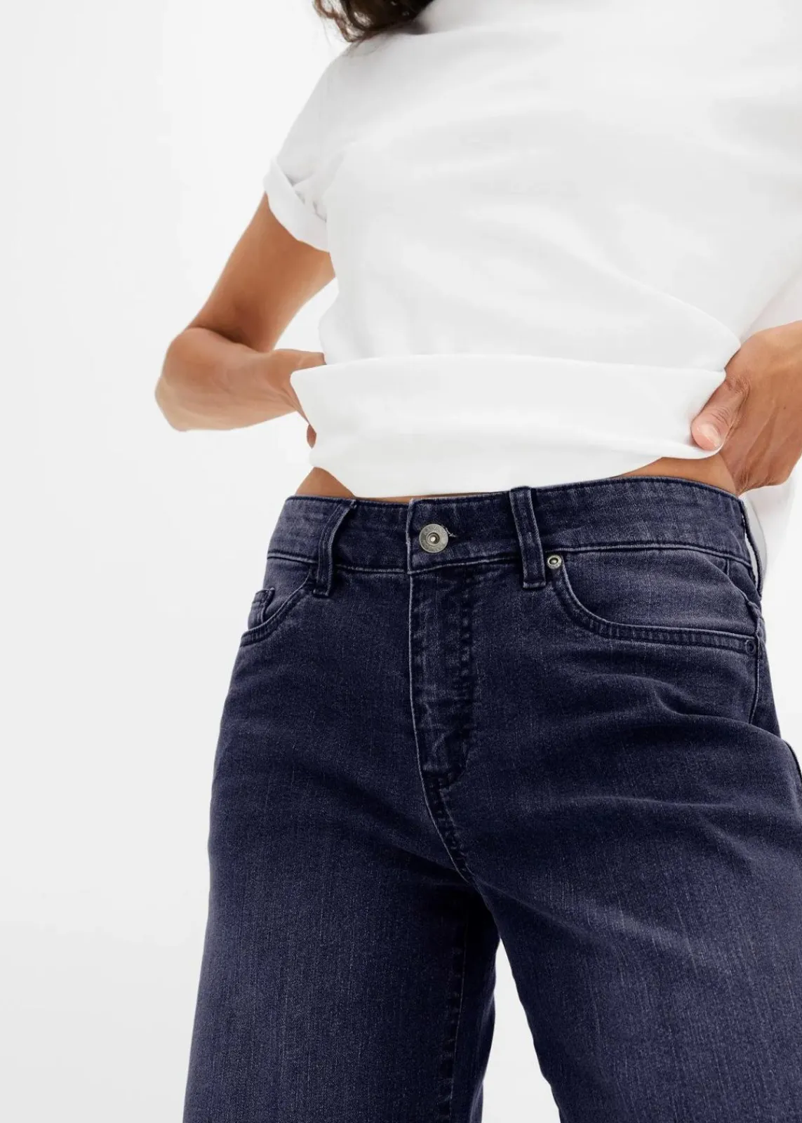 bonprix Jeans|Kurzgrößen^Wide-Leg-Jeans, Mid Waist, Stretch nachtblau denim