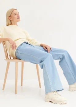 bonprix Bekleidung·Shirts & Tops|Jeans^Wide-Leg-Jeans, Mid Waist, Stretch hellblau denim used