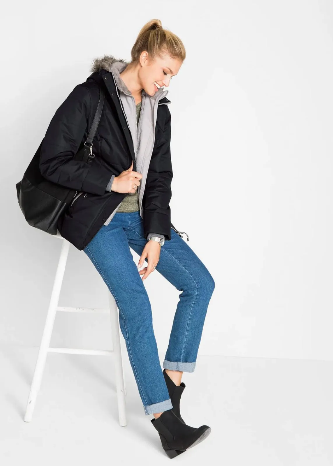 bonprix Bekleidung·Hosen|Jacken & Mäntel^Winterjacke in 2-in1 Optik schwarz