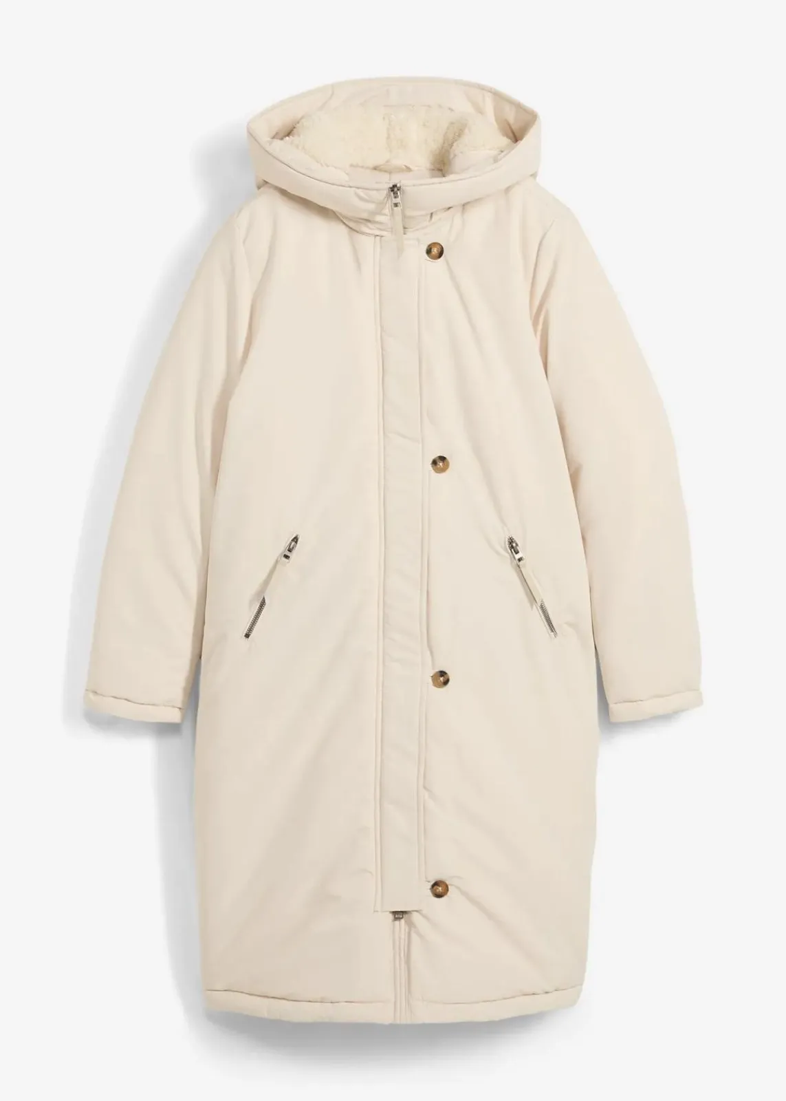 bonprix Jacken & Mäntel|Bekleidung·Hosen^Wintermantel mit Teddyfell in der Kapuze kieselbeige